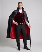 Men's vampire costume with black stand-collar cape and burgundy crushed velvet double-breasted vest