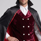 Men's vampire costume with black stand-collar cape and burgundy crushed velvet double-breasted vest - view 2
