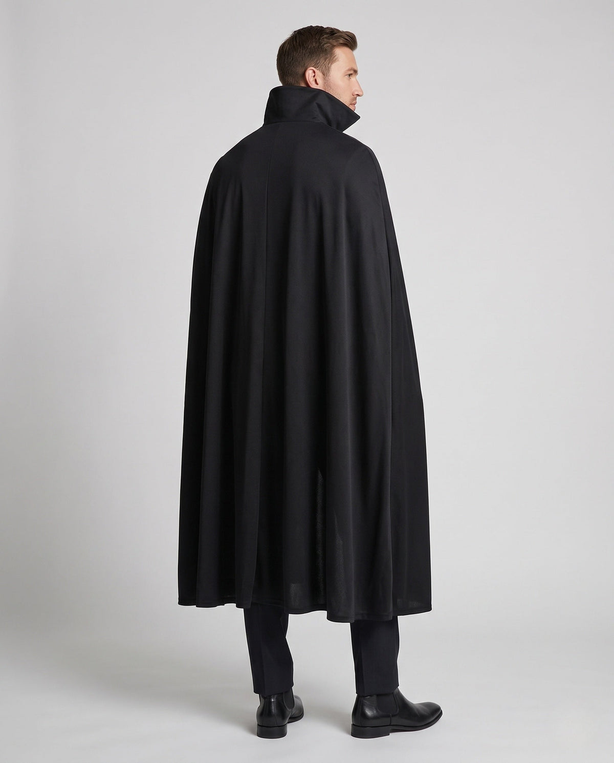 Men's vampire costume with black stand-collar cape and burgundy crushed velvet double-breasted vest - view 3