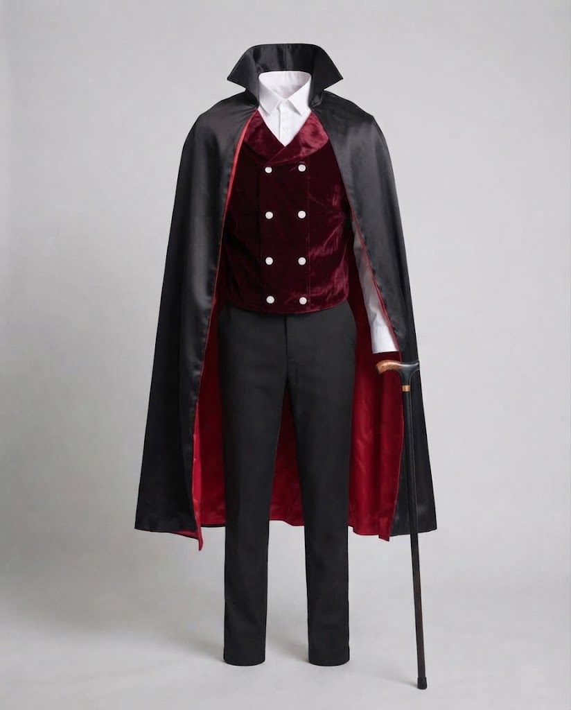 Men's vampire costume with black stand-collar cape and burgundy crushed velvet double-breasted vest - view 4