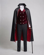 Men's vampire costume with black stand-collar cape and burgundy crushed velvet double-breasted vest - view 4