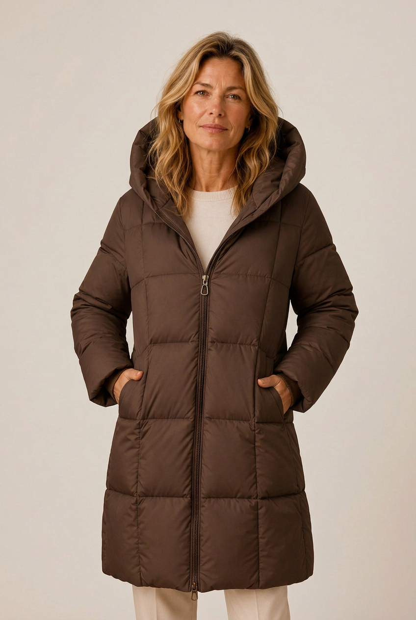 Longline quilted puffer jacket with hood and side pockets on model