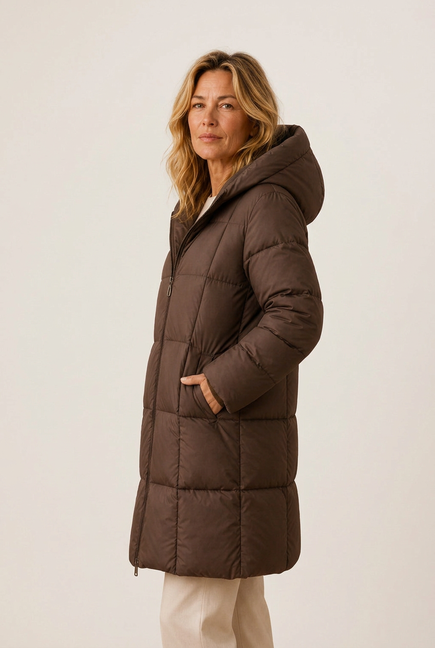 Longline quilted puffer jacket with hood and side pockets on model - view 2