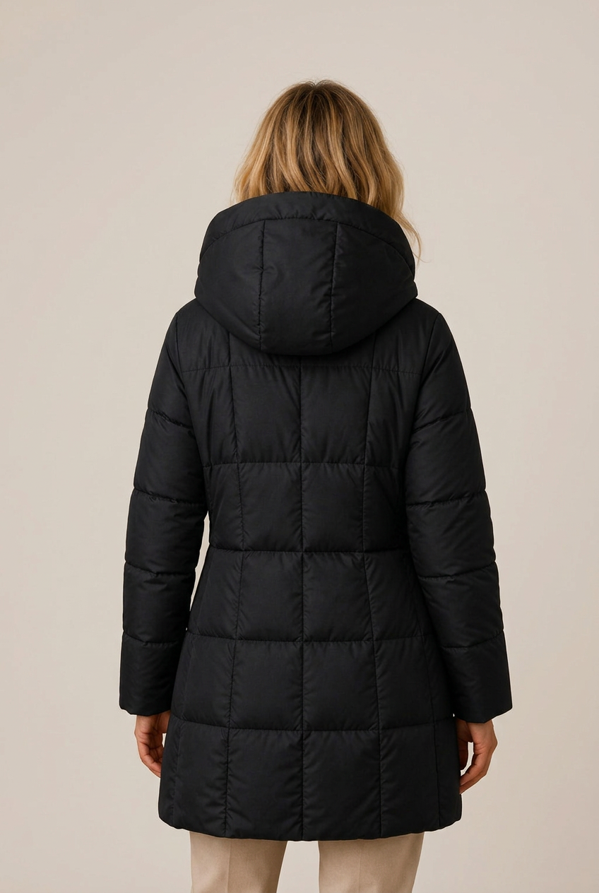 Longline quilted puffer jacket with hood and side pockets on model - view 6