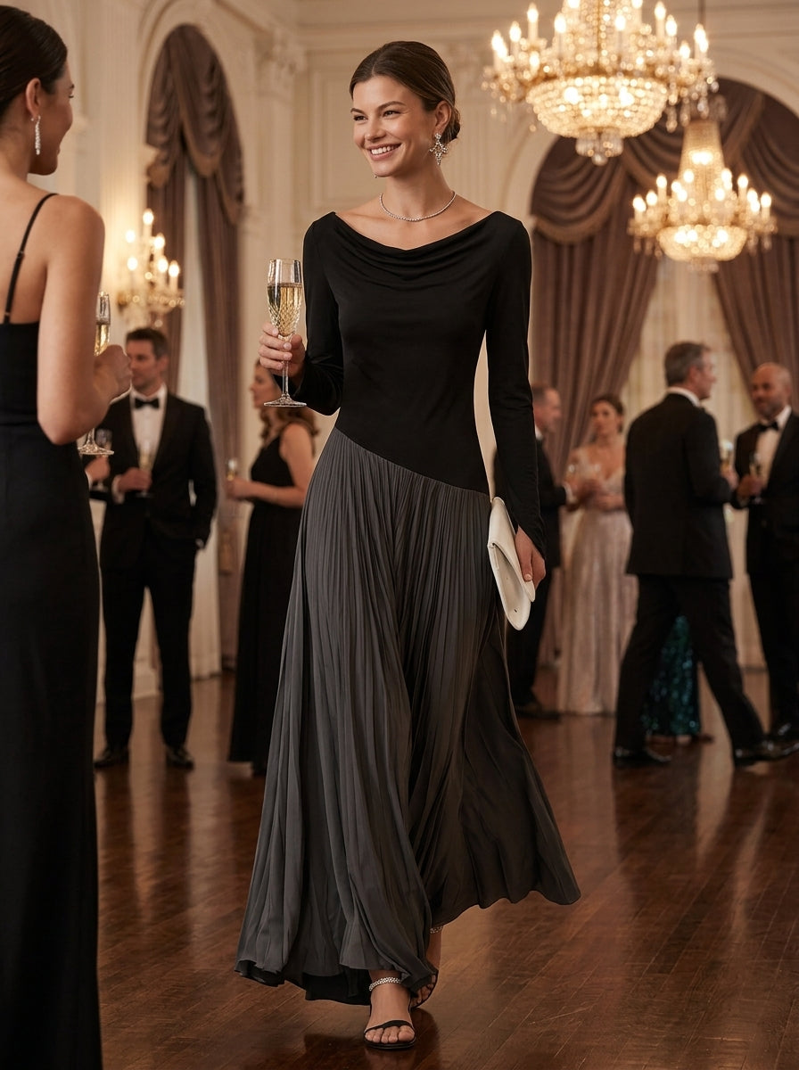 Holiday long sleeve maxi dress with draped black bodice and charcoal pleated skirt - view 2