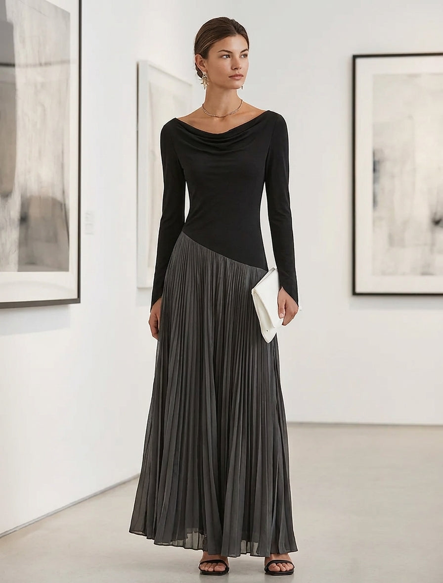 Holiday long sleeve maxi dress with draped black bodice and charcoal pleated skirt - view 3