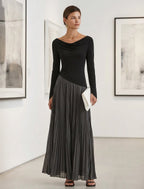 Holiday long sleeve maxi dress with draped black bodice and charcoal pleated skirt - view 3