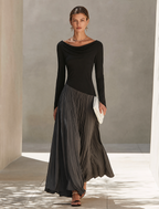 Holiday long sleeve maxi dress with draped black bodice and charcoal pleated skirt - view 4