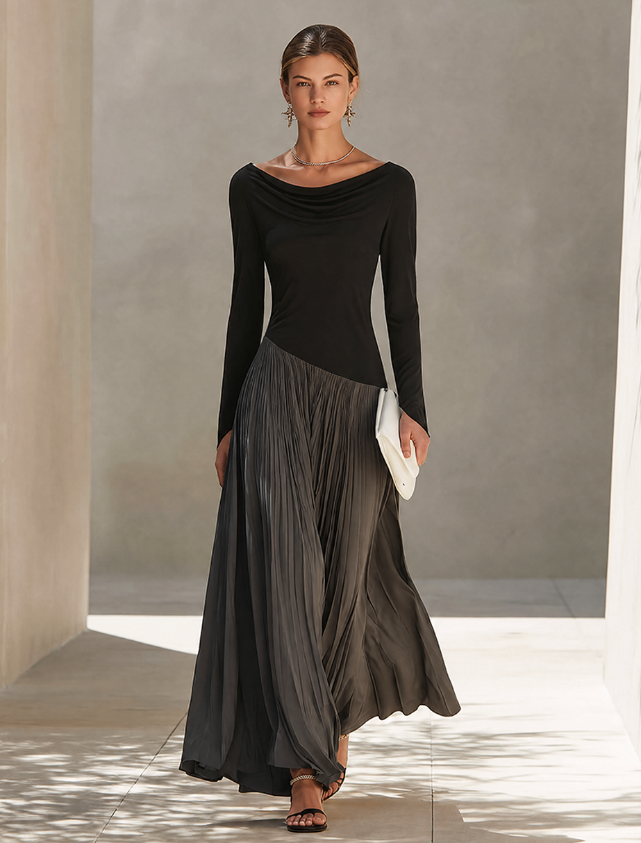 Holiday long sleeve maxi dress with draped black bodice and charcoal pleated skirt - view 4