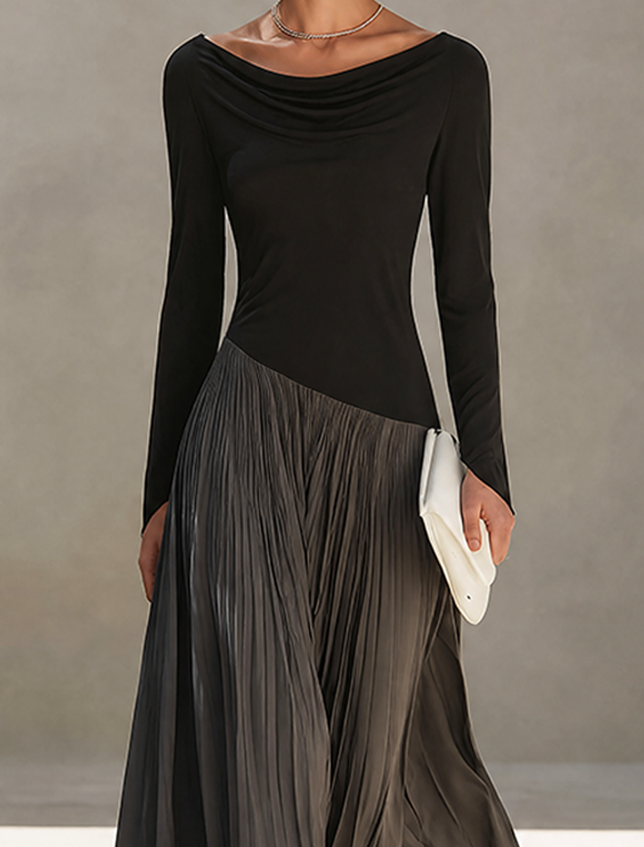 Holiday long sleeve maxi dress with draped black bodice and charcoal pleated skirt - view 5