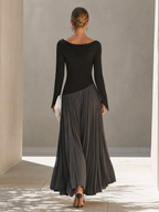 Holiday long sleeve maxi dress with draped black bodice and charcoal pleated skirt - view 6