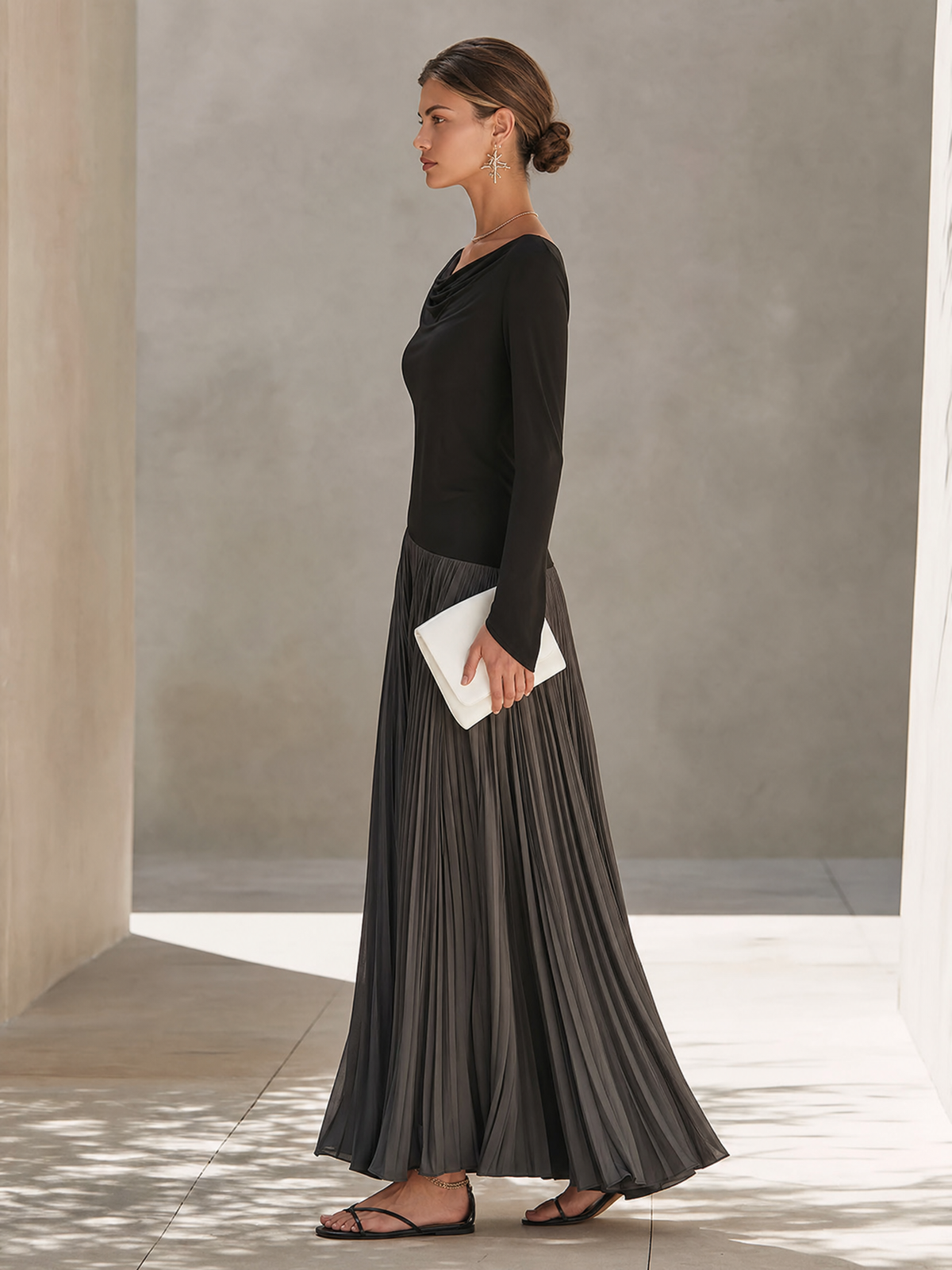 Holiday long sleeve maxi dress with draped black bodice and charcoal pleated skirt - view 7