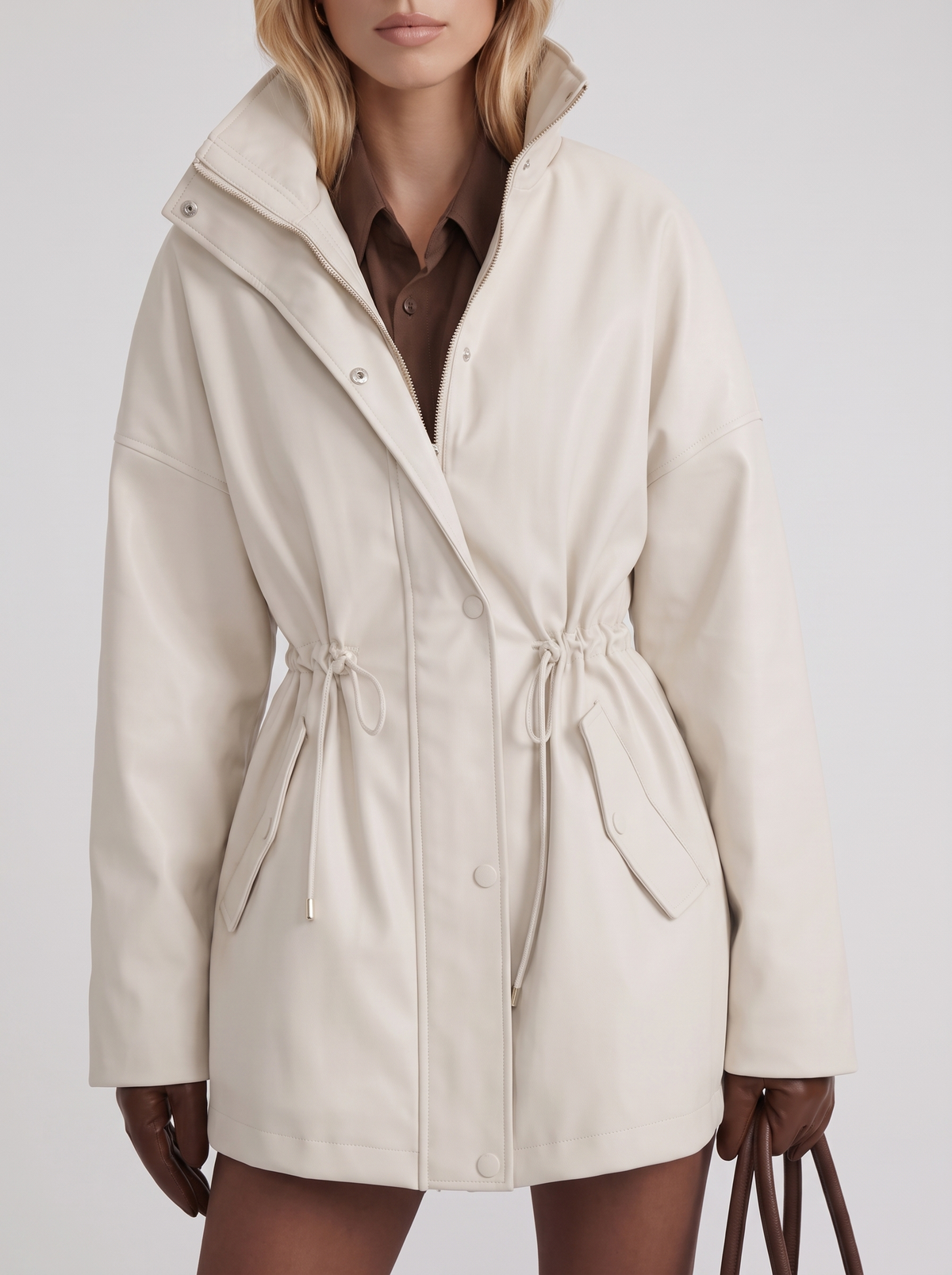 Khaki zip up utility jacket with funnel collar and cinched drawstring waist - view 12