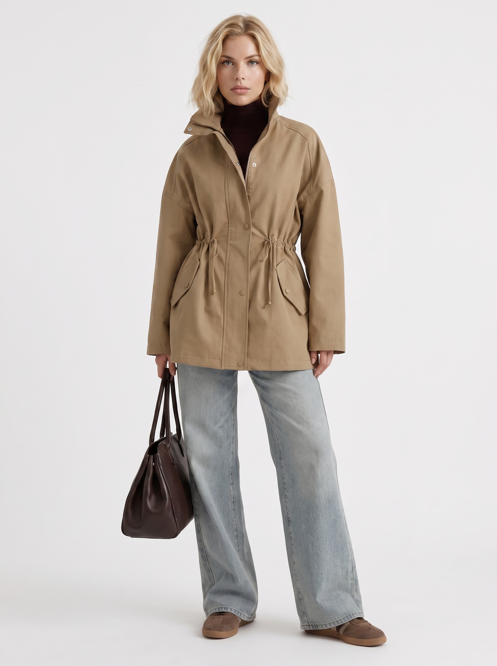Khaki zip up utility jacket with funnel collar and cinched drawstring waist - view 14