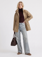 Khaki zip up utility jacket with funnel collar and cinched drawstring waist - view 15
