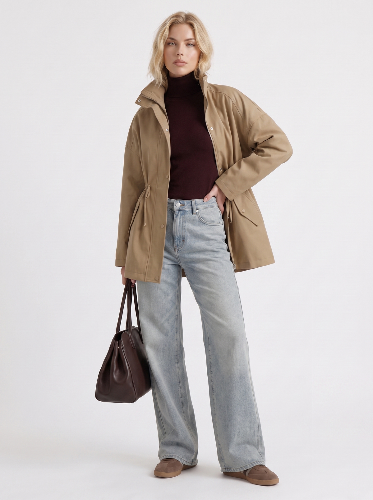 Khaki zip up utility jacket with funnel collar and cinched drawstring waist - view 15