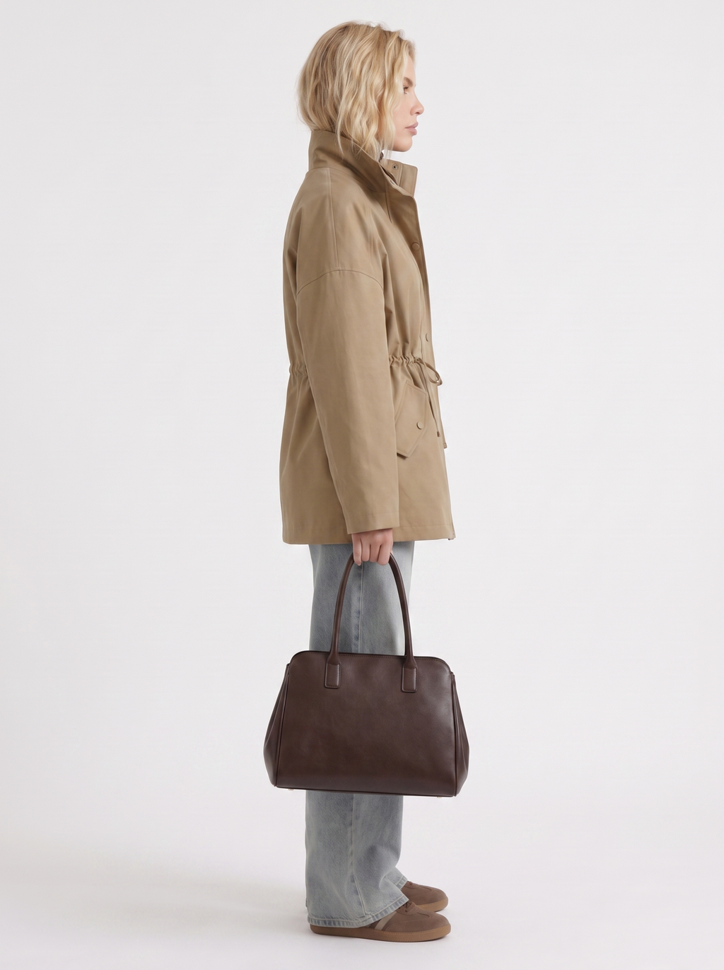 Khaki zip up utility jacket with funnel collar and cinched drawstring waist - view 16