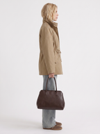 Khaki zip up utility jacket with funnel collar and cinched drawstring waist - view 16