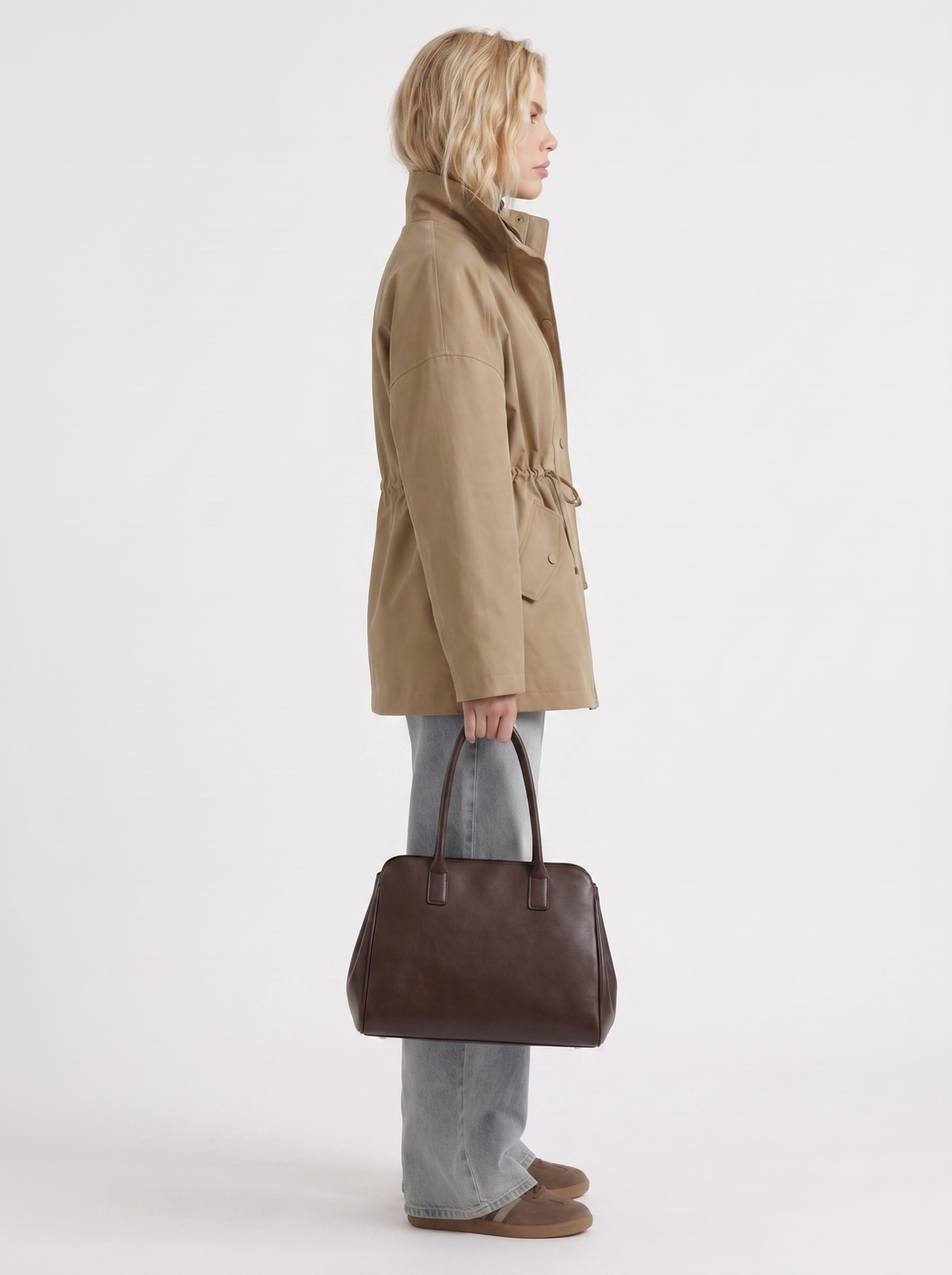 Khaki zip up utility jacket with funnel collar and cinched drawstring waist - view 16