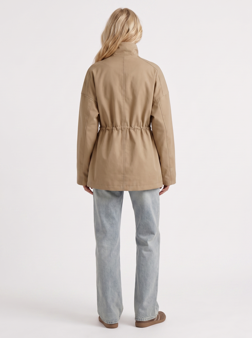 Khaki zip up utility jacket with funnel collar and cinched drawstring waist - view 17