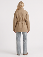 Khaki zip up utility jacket with funnel collar and cinched drawstring waist - view 17