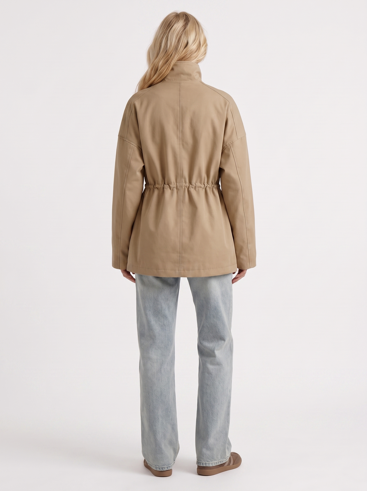 Khaki zip up utility jacket with funnel collar and cinched drawstring waist - view 17
