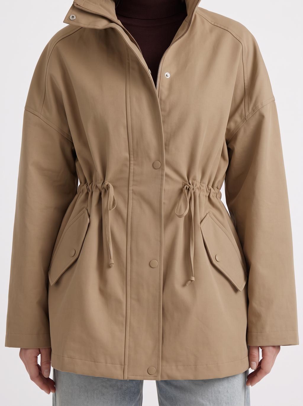 Khaki zip up utility jacket with funnel collar and cinched drawstring waist - view 18