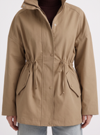 Khaki zip up utility jacket with funnel collar and cinched drawstring waist - view 18
