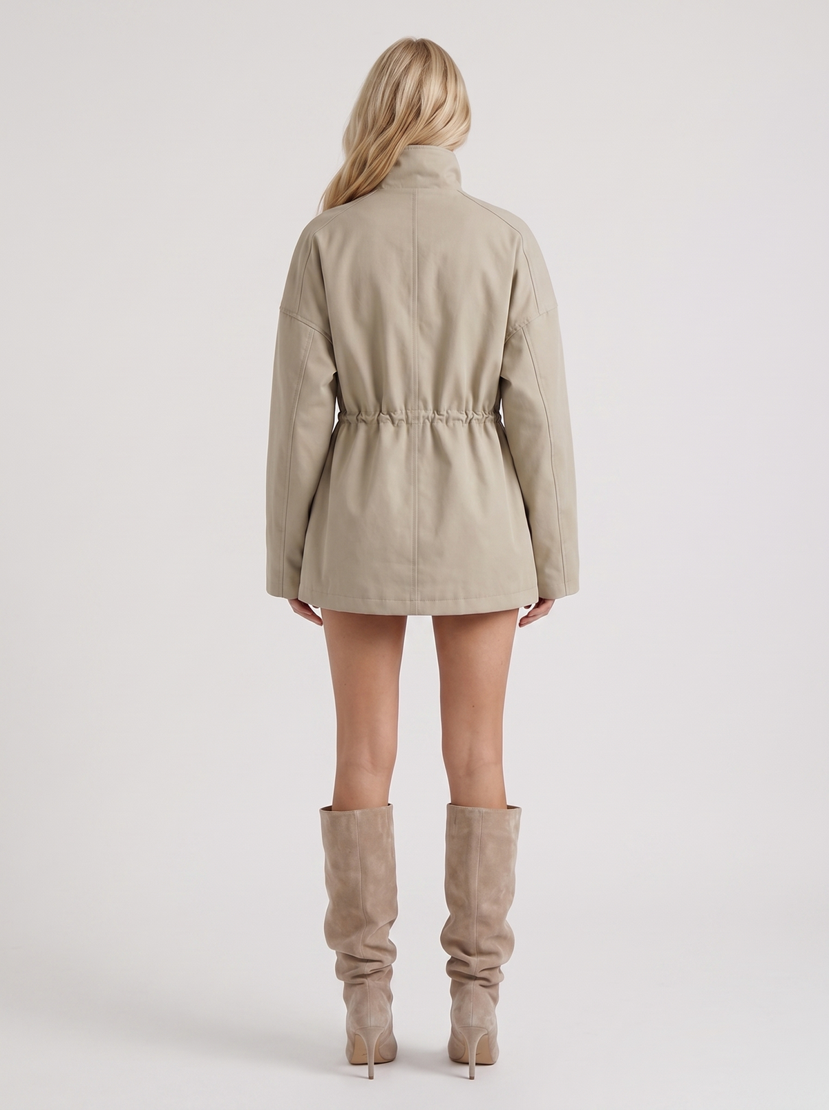 Khaki zip up utility jacket with funnel collar and cinched drawstring waist - view 5