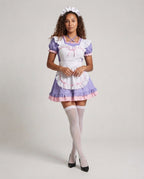 Women's maid Halloween costume dress with ruffled heart apron, puff sleeves and two-tone ruffle hem