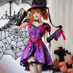 Woman wearing a purple spiderweb print witch costume dress with pink bows, lace-up waist and black lace trim