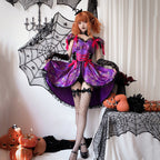 Woman wearing a purple spiderweb print witch costume dress with pink bows, lace-up waist and black lace trim - view 3