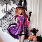 Woman wearing a purple spiderweb print witch costume dress with pink bows, lace-up waist and black lace trim - view 4