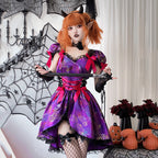 Woman wearing a purple spiderweb print witch costume dress with pink bows, lace-up waist and black lace trim - view 5