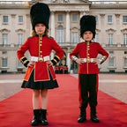 Girl wearing a red royal guard Halloween costume with gold trim, white belt, black skirt and tall black faux fur hat