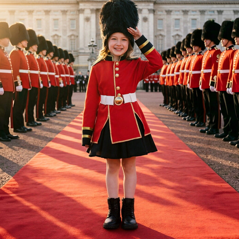 Girl wearing a red royal guard Halloween costume with gold trim, white belt, black skirt and tall black faux fur hat - view 3