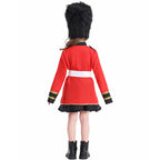 Girl wearing a red royal guard Halloween costume with gold trim, white belt, black skirt and tall black faux fur hat - view 4