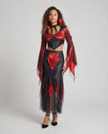 Women's two-piece devil Halloween costume with red metallic bell-sleeve crop top and black tulle-hem skirt