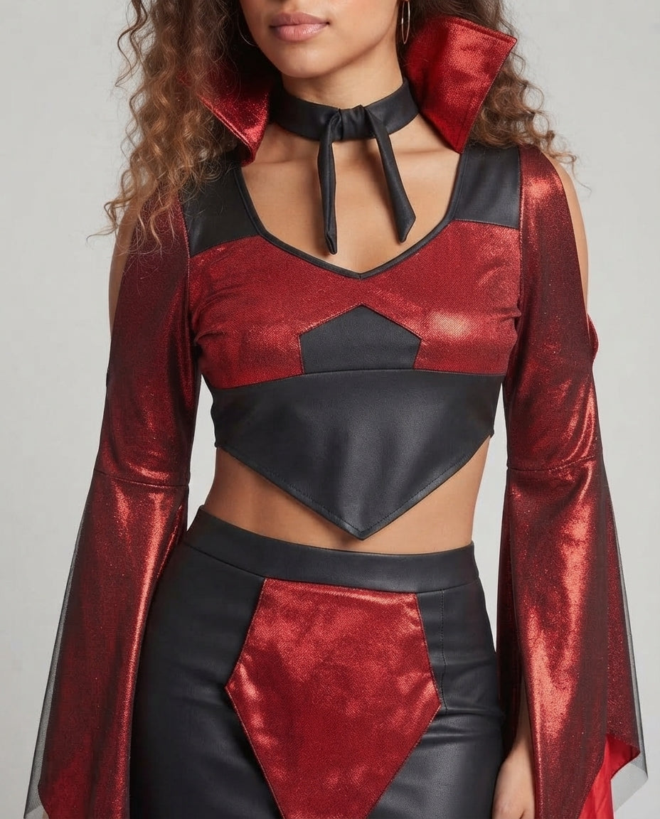 Women's two-piece devil Halloween costume with red metallic bell-sleeve crop top and black tulle-hem skirt - view 2