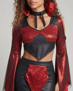 Women's two-piece devil Halloween costume with red metallic bell-sleeve crop top and black tulle-hem skirt - view 2