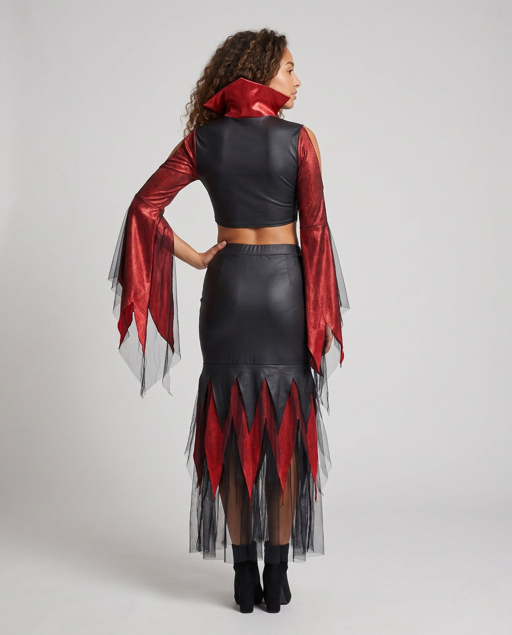 Women's two-piece devil Halloween costume with red metallic bell-sleeve crop top and black tulle-hem skirt - view 3