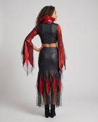 Women's two-piece devil Halloween costume with red metallic bell-sleeve crop top and black tulle-hem skirt - view 3