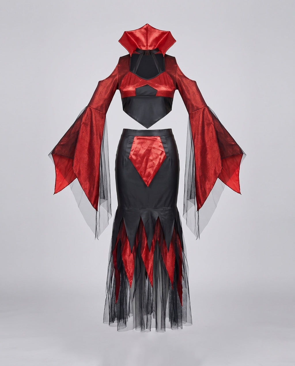 Women's two-piece devil Halloween costume with red metallic bell-sleeve crop top and black tulle-hem skirt - view 4