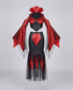 Women's two-piece devil Halloween costume with red metallic bell-sleeve crop top and black tulle-hem skirt - view 4