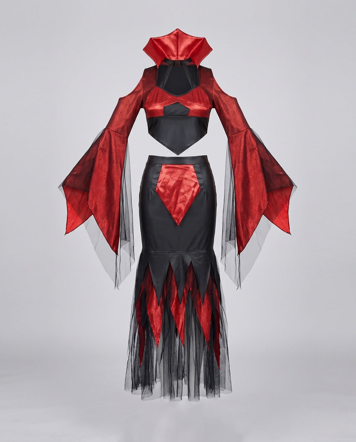 Women's two-piece devil Halloween costume with red metallic bell-sleeve crop top and black tulle-hem skirt - view 4