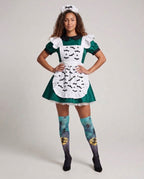 Women's green maid Halloween costume dress with black Peter Pan collar and white bat print ruffled apron