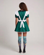 Women's green maid Halloween costume dress with black Peter Pan collar and white bat print ruffled apron - view 3