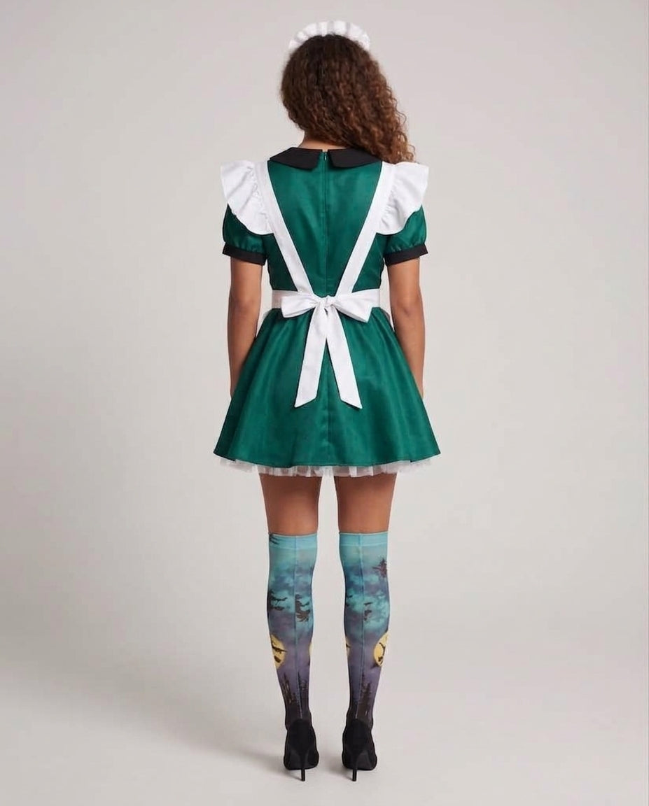 Women's green maid Halloween costume dress with black Peter Pan collar and white bat print ruffled apron - view 3