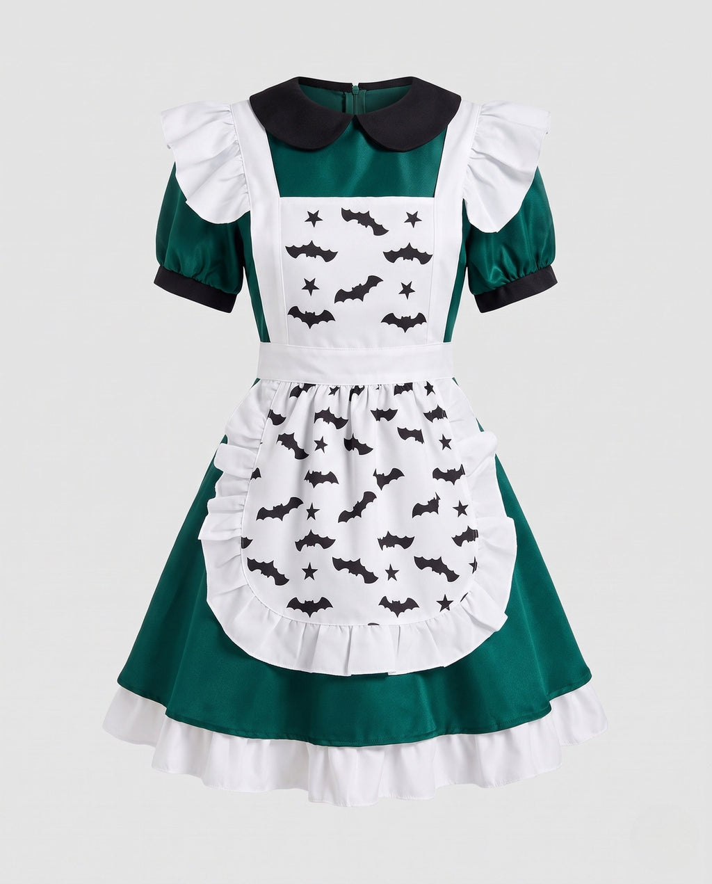 Women's green maid Halloween costume dress with black Peter Pan collar and white bat print ruffled apron - view 4