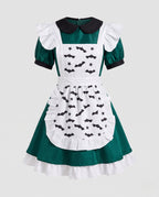 Women's green maid Halloween costume dress with black Peter Pan collar and white bat print ruffled apron - view 4